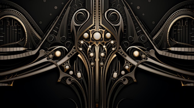 A black and gold art piece with intricate designs