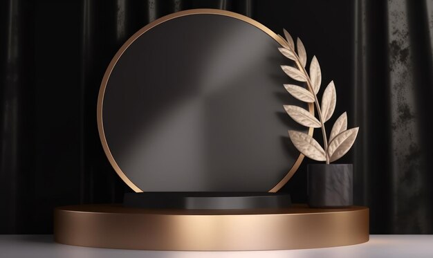 A black and gold award stand with a laurel wreath on it.