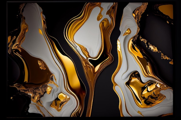 A black and gold background with a black and white image of gold and black liquid.