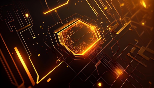 A black and gold background with a digital design tech