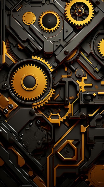 a black and gold background with gears and cogs