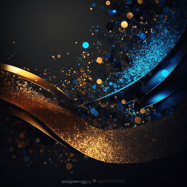 A black and gold background with gold and blue swirls.