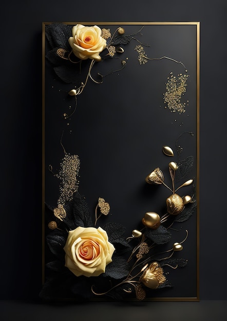 A black and gold background with gold flowers and leaves.