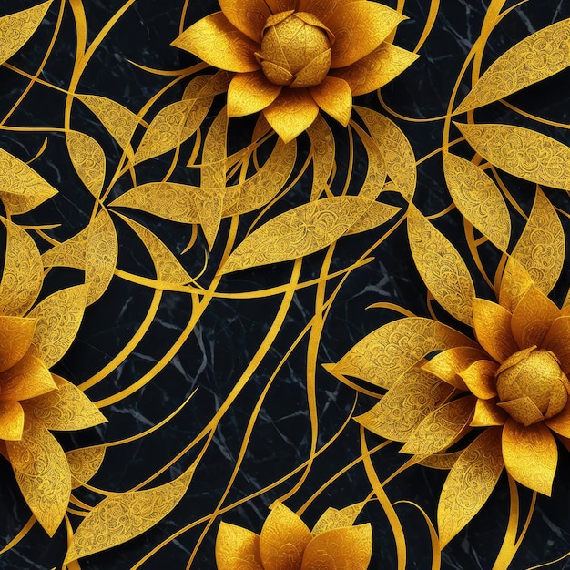 A black and gold background with gold flowers and leaves.