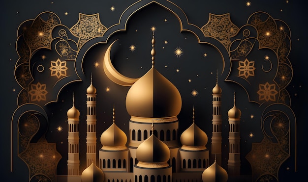 A black and gold background with a mosque and a crescent moon.