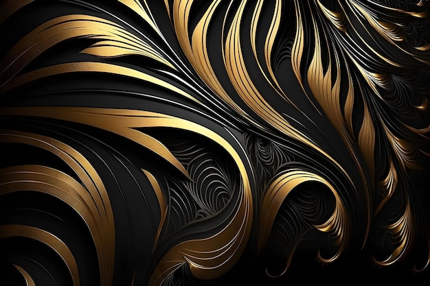 Black and gold background with a pattern of wavy lines and curves.