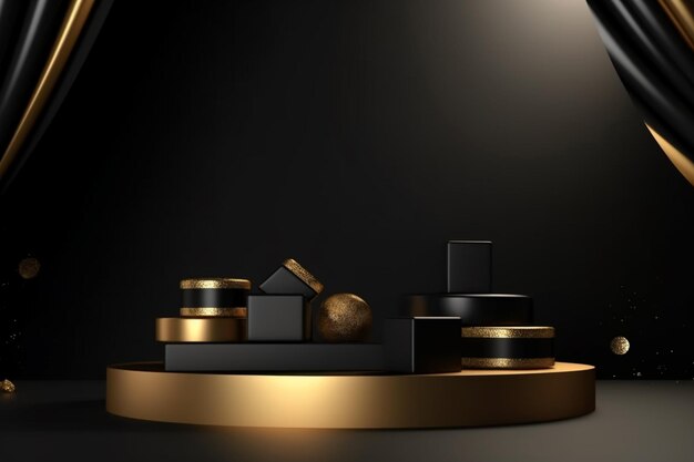 A black and gold background with a podium and a golden ball generative ai