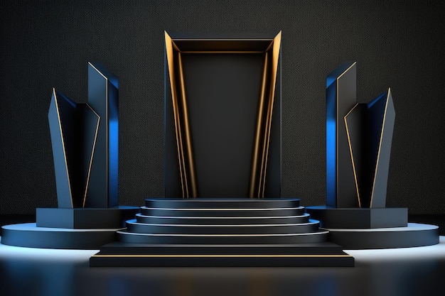 A black and gold background with a set of stairs and a golden door.