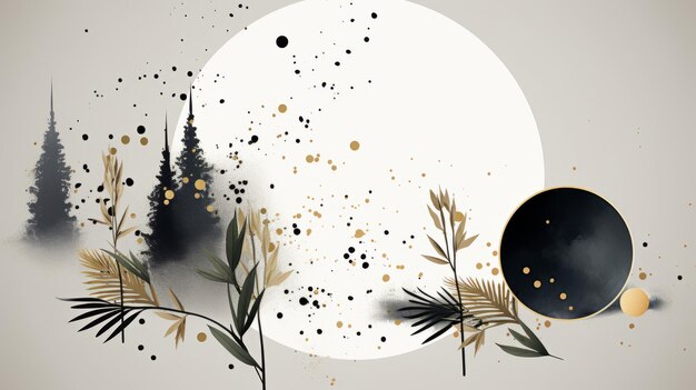 a black and gold background with trees and a moon