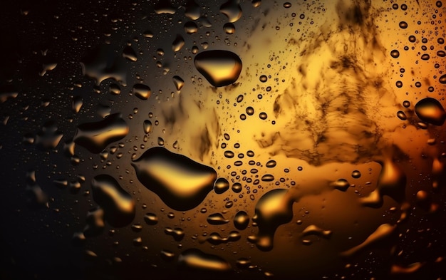 A black and gold background with water drops on the window