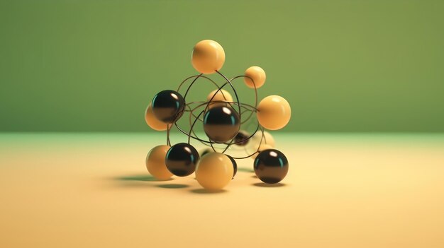 A black and gold ball is surrounded by metal balls.