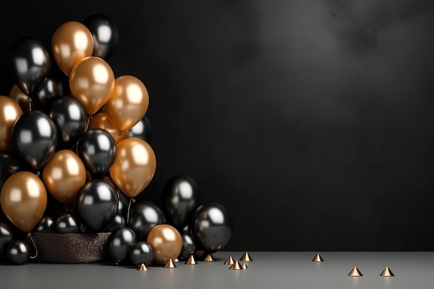 Photo a black and gold balloon is surrounded by gold and black balloons.