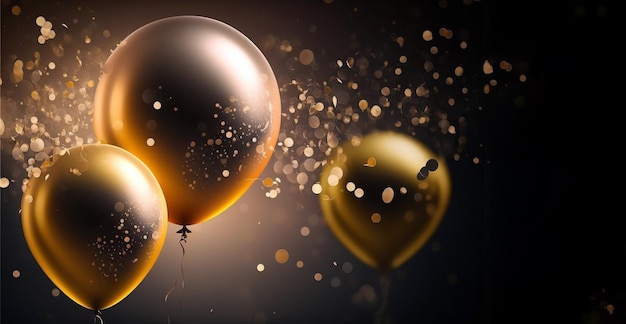 A black and gold balloon with gold glitters and a black background.