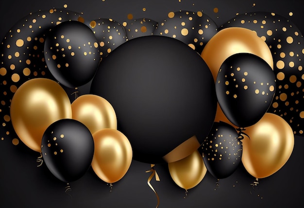 Black and gold balloons on a black background with confetti 3d illustration generative ai