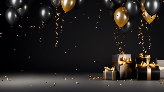 a black and gold balloons and presents