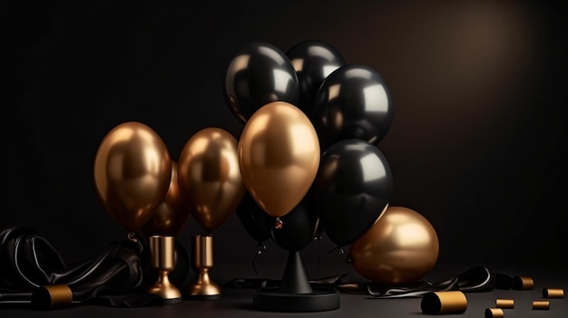 Black and gold balloons on a table with a candle holder and a candle holder.