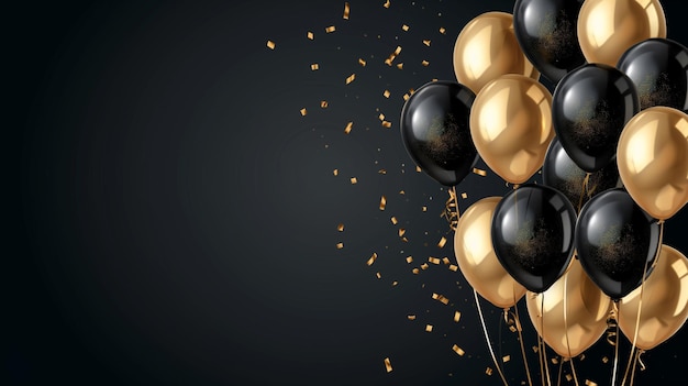 Black and gold balloons with confetti on black background Vector illustration