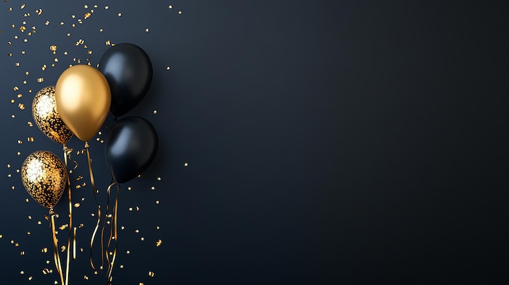 Photo black and gold balloons with confetti on a dark blue background