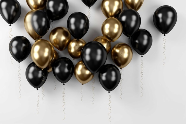 Black and gold balloons with ribbons on white background 3D Render