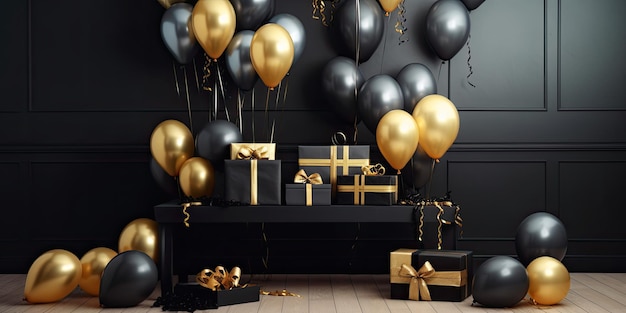 Black and gold birthday decor with gift boxes and balloons in black room Generative AI