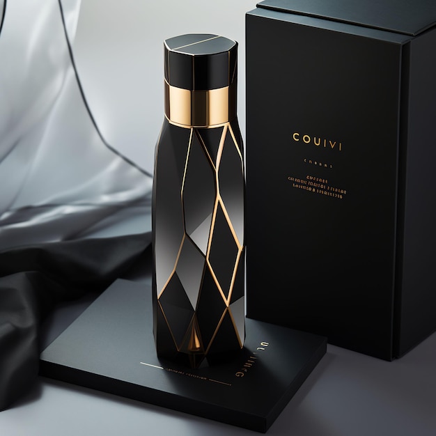 a black and gold bottle of the company's brand.