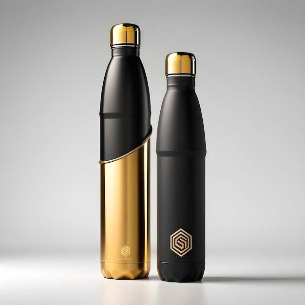 Photo black and gold bottle mockup isolated on gray background 3d rendering