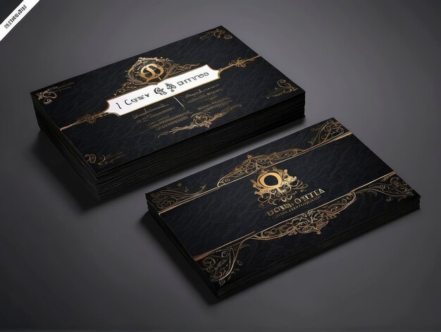 a black and gold business card with a gold logo on it and a black background