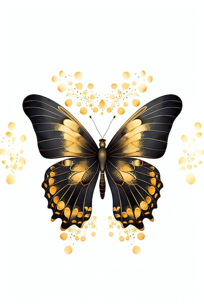 Black and Gold Butterfly in White Background