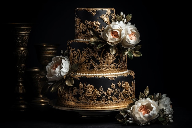 Black Fondant with Gold Leaf and Fresh Flowers - Empire Cake