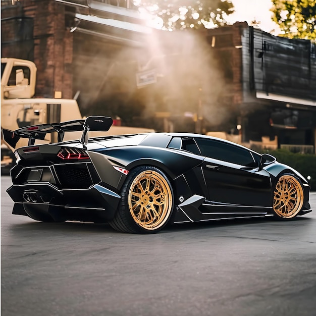 a black and gold car with the letters f and l on the side