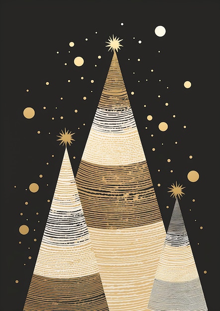 black gold card three trees stars light cone silkscreen taupe embellishment tall thin spangle