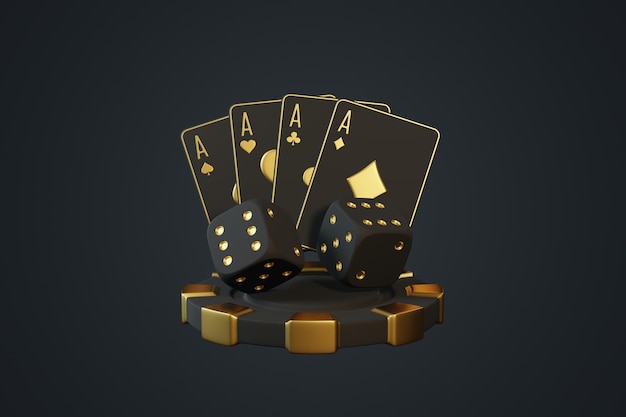 black and gold casino set with cards and dice 3d render illustration