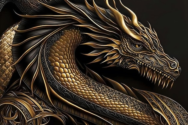 Black gold chinese dragon Neural network AI generated