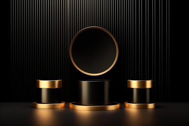 Photo black and gold color podium with neon lines for product presentation background