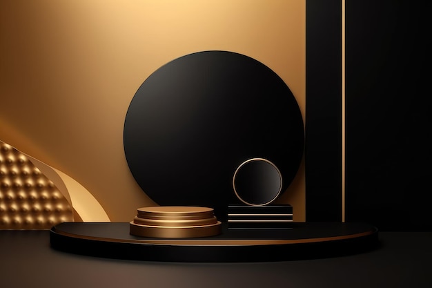 製品プレゼンテーションの背景にネオンラインが入った黒と金色の表彰台