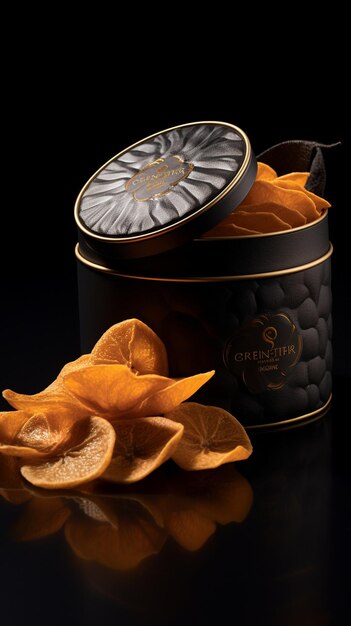 Photo a black and gold container with oranges and a black background.