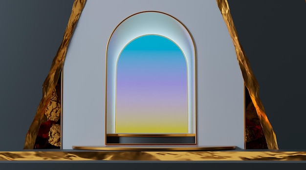 壁にアーチ窓が付いた黒と金のシリンダー台座表彰台表彰台製品ディスプレイ背景3Dレンダリング