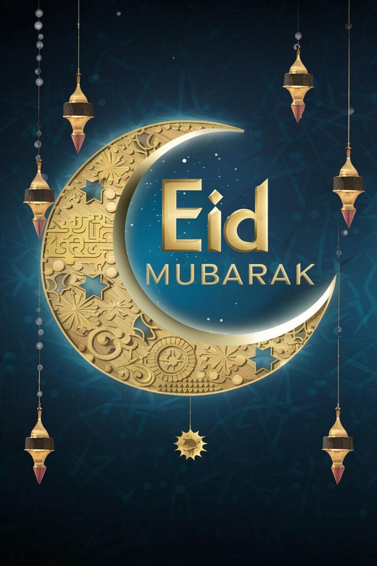 Photo a black and gold design of a eid mubarak with colorful moon on the top