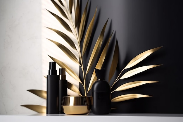 A black and gold display of black and gold products.