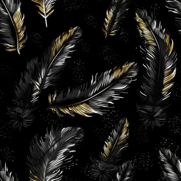 Черно-золотой узор из перьев со звездами, генеративный AI