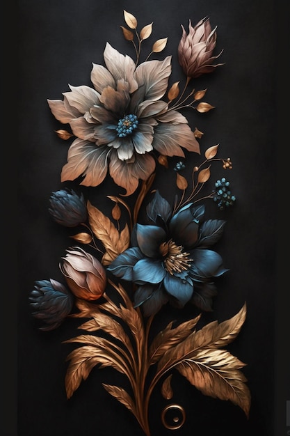A black and gold floral design with flowers and leaves.
