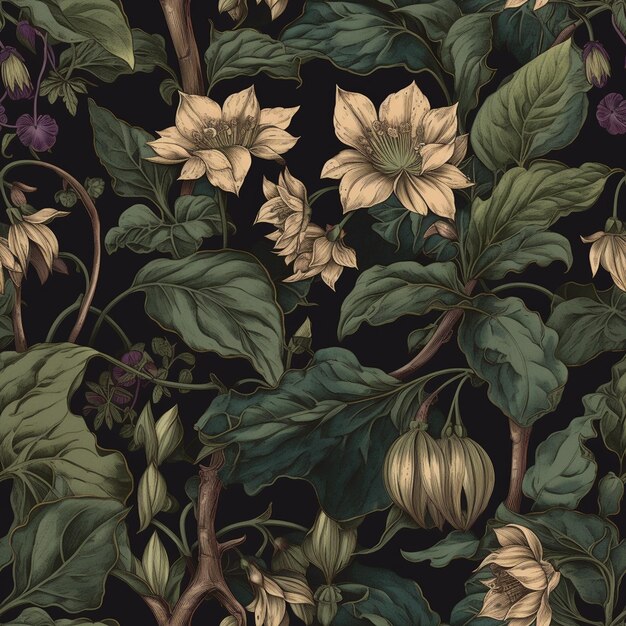 A black and gold floral pattern with a black background.