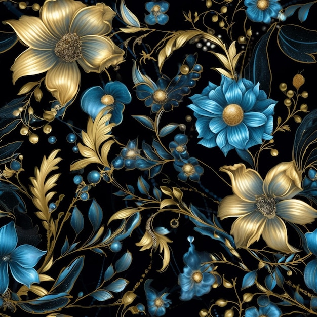 A black and gold floral pattern with gold flowers and leaves.