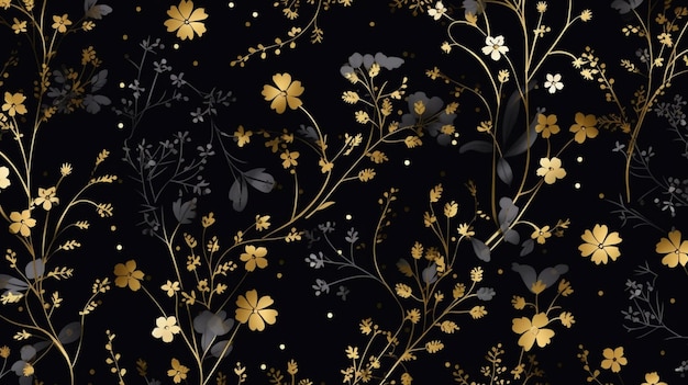 A black and gold floral pattern with gold flowers.