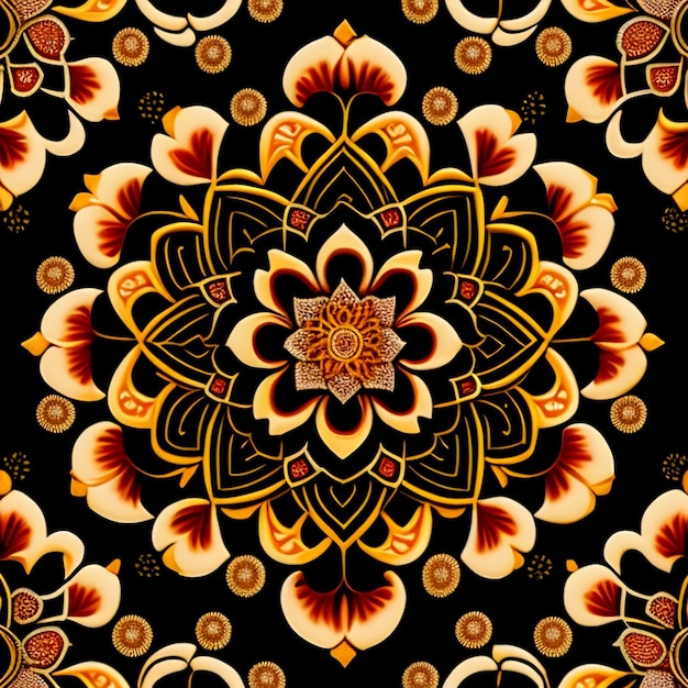 A black and gold floral pattern with a yellow flower.