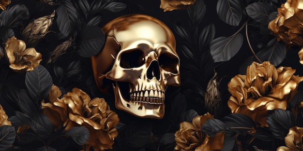 Black and gold floral wallpaper of black roses and golden skull