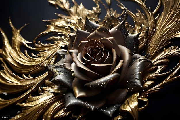 A black and gold flower with gold leaves and a gold leaf.