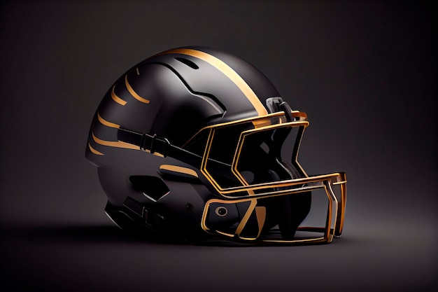 A black and gold football helmet on a gray background