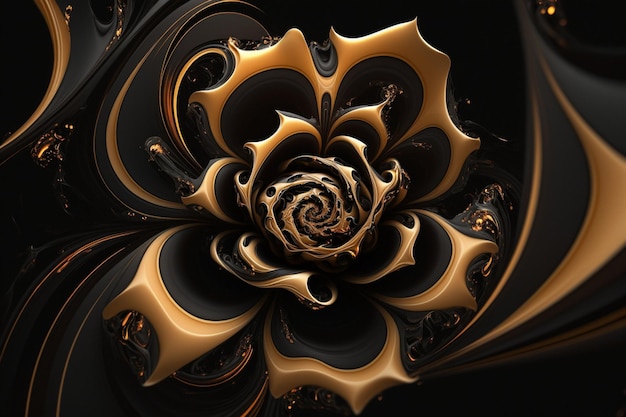 Черно-золотой фрактальный узор с цветком в центре.