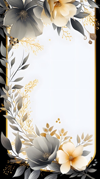 a black and gold frame with flowers and leaves Abstract Gray foliage background with negative space